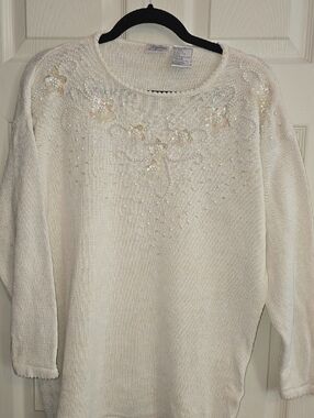 Jaclyn Smith Cream Sequin Floral Crewneck Sweater